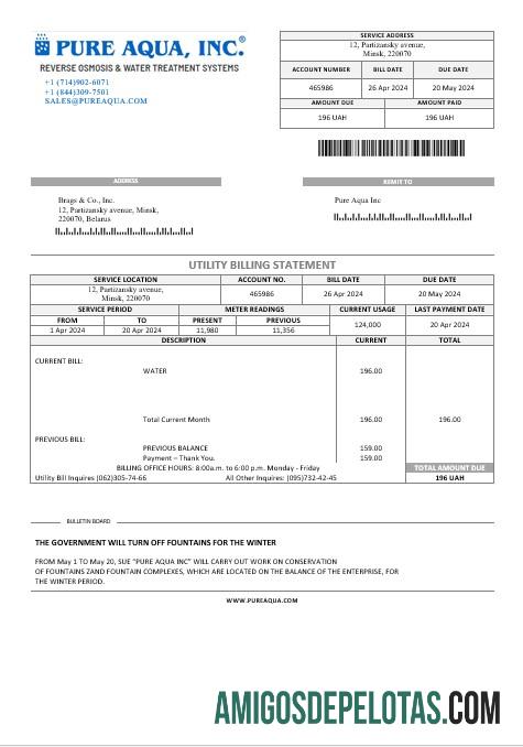 para download Bielorrússia Pure Aqua Inc Business Utility Bill Word e modelo PDF